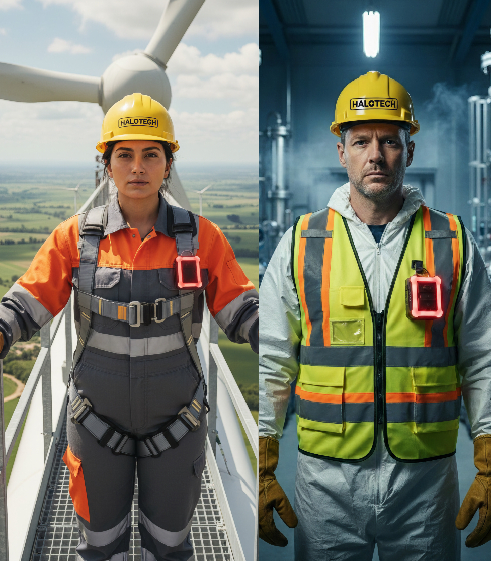 HALOTECH-equipped workers — a wind technician and a plant operator wearing the HALO3 Plus device